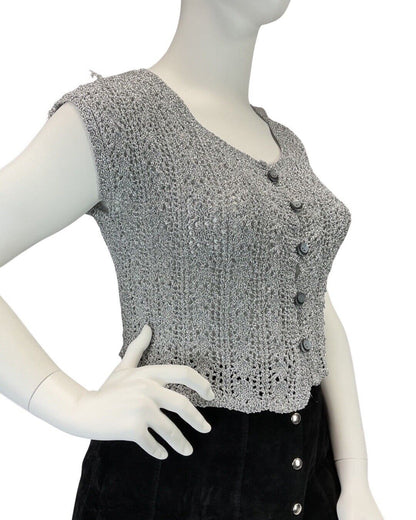 VINTAGE 60s 70s SILVER CROCHETED DISCO PARTY KNIT CROPPED VEST TOP 14 16