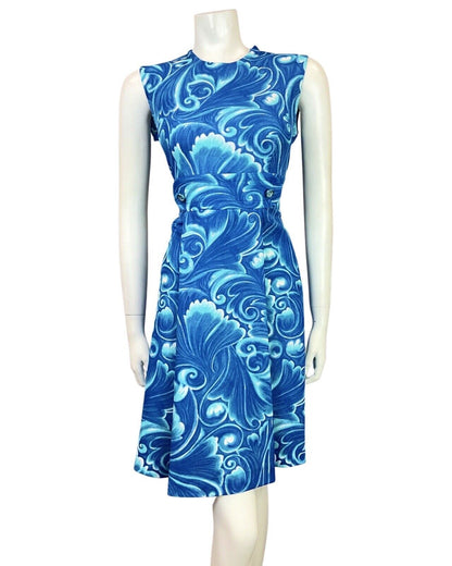 VINTAGE 60s 70s BLUE WHITE PSYCHEDELIC SWIRL MOD SLEEVELESS DRESS 10 12