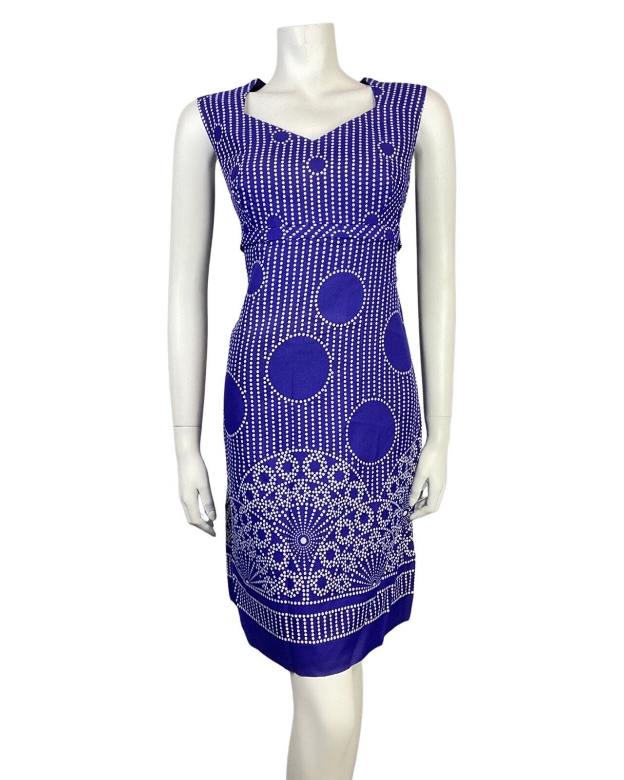 VINTAGE 60s 70s PURPLE WHITE POLKA-DOT STRIPED MANDALA MOD SLEEVELESS DRESS 14