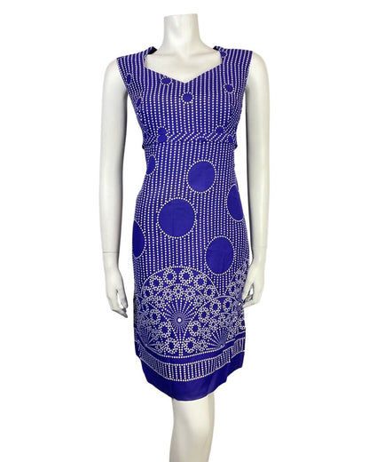 VINTAGE 60s 70s PURPLE WHITE POLKA-DOT STRIPED MANDALA MOD SLEEVELESS DRESS 14