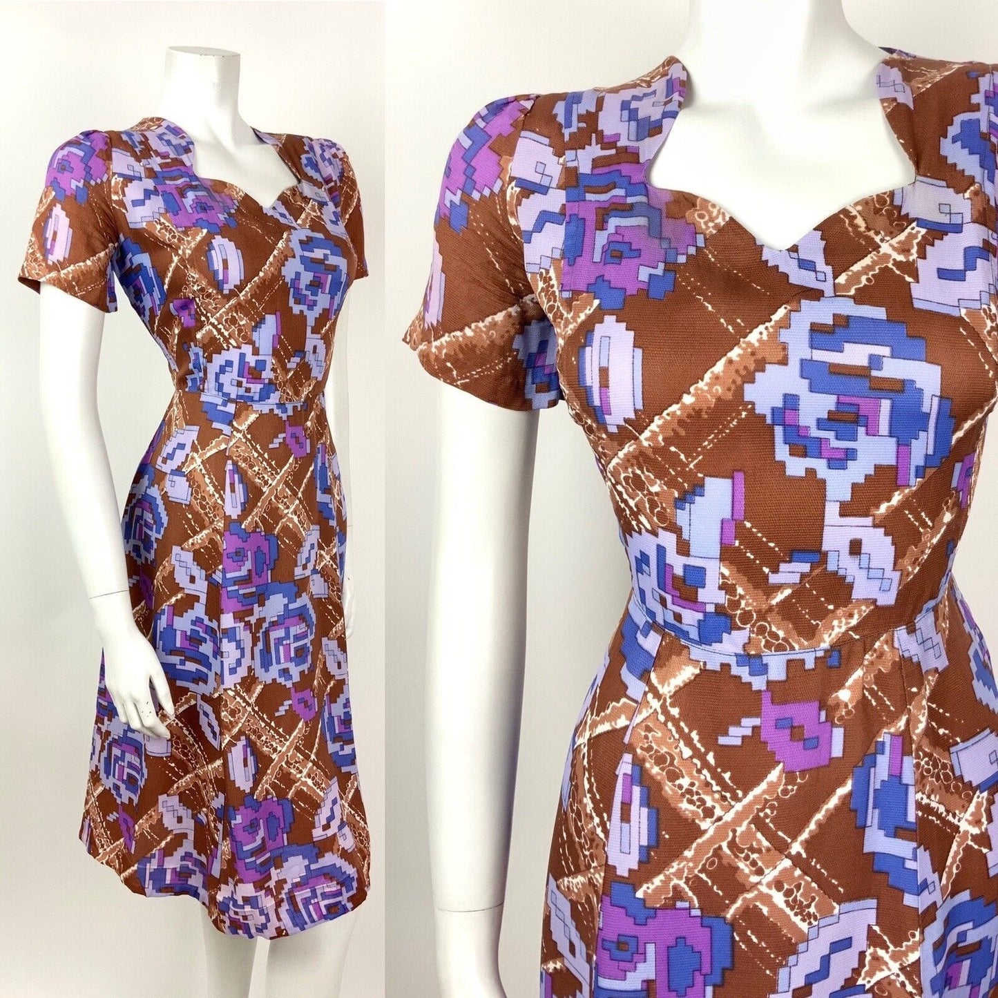 VINTAGE 60s 70s BROWN BLUE PURPLE CHECKED PIXEL FLORAL PSYCHEDELIC DRESS 12 14