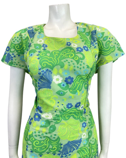 VINTAGE 60s 70s APPLE LIME GREEN BLUE PSYCHEDELIC SWIRL DAISY MOD DRESS 12