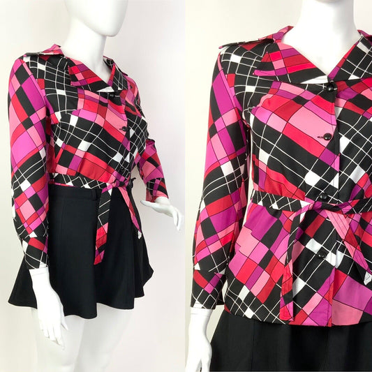 VTG 60s 70s BLACK PINK RED GEOMETRIC CHECKED DAGGER SHIRT BLOUSE 16