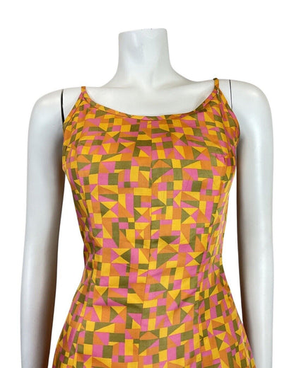 VINTAGE 60s 70s ORANGE PINK GREEN GEOMETRIC STRAPPY SWING SUN-DRESS 8