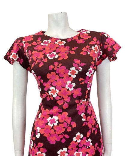 VINTAGE 60s 70s PINK BROWN PURPLE FLORAL BLOSSOM CAPE SLEEVE MOD SHORT DRESS 14