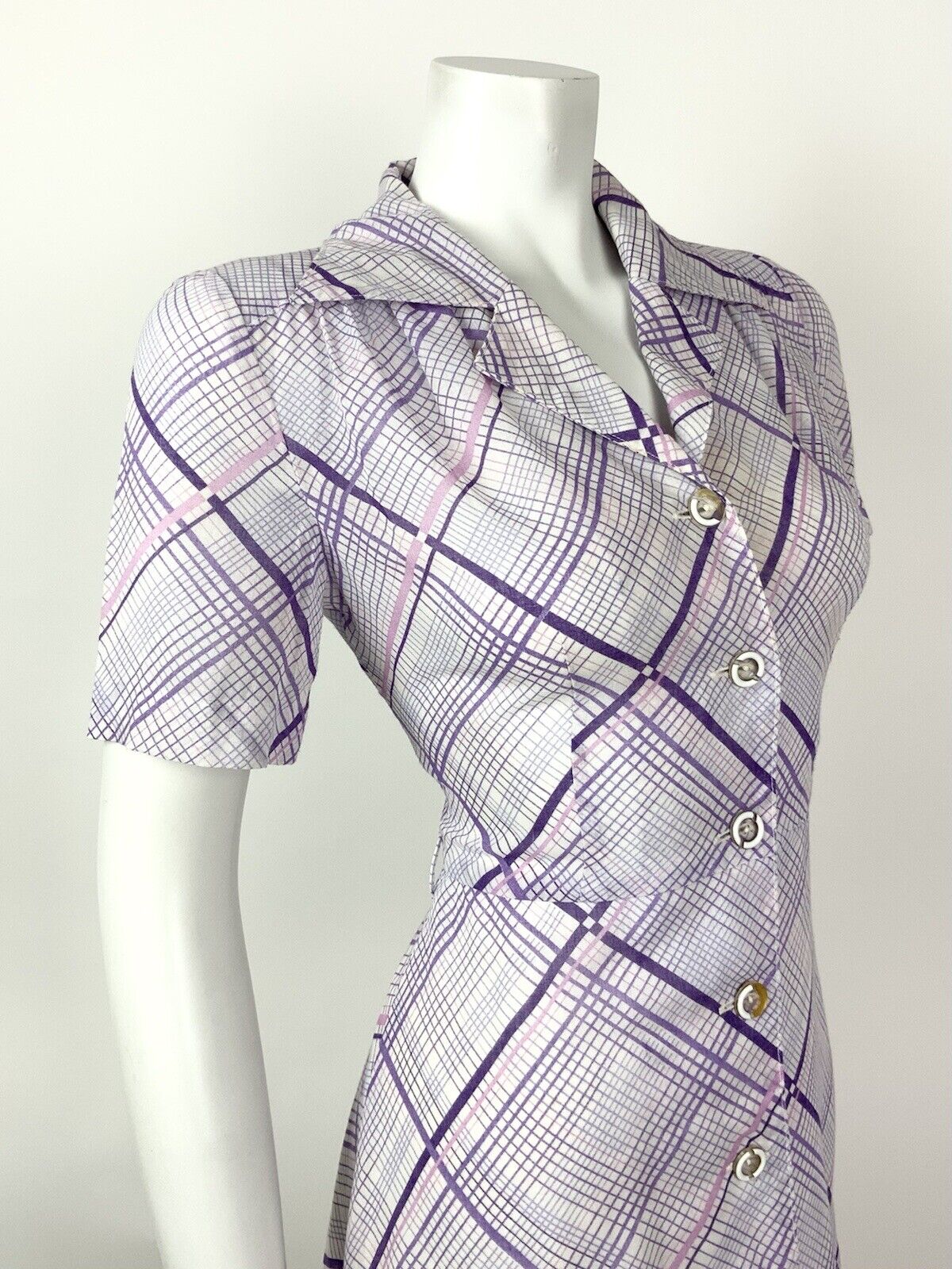 VINTAGE 60s 70s LILAC PURPLE WHITE GRID CHECKED DAGGER SHIRT DRESS 10 12