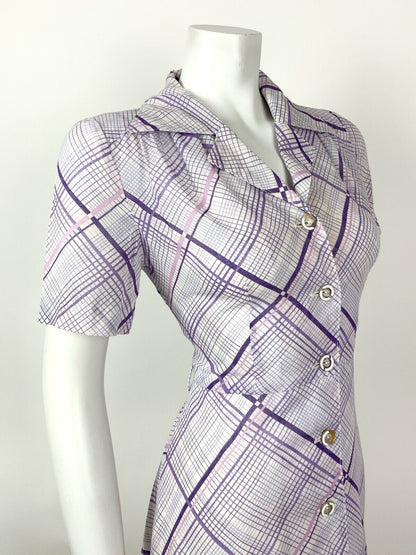 VINTAGE 60s 70s LILAC PURPLE WHITE GRID CHECKED DAGGER SHIRT DRESS 10 12