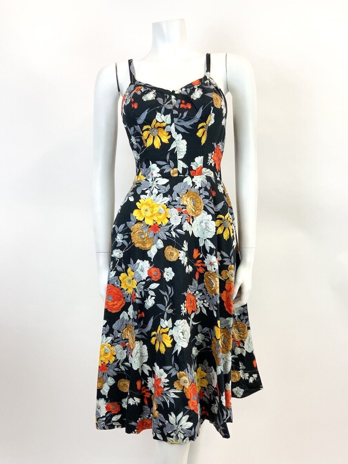 VTG 60s 70s BLACK GREY RED YELLOW FLORAL STRAPPY SUMMER SUN-DRESS 8 10