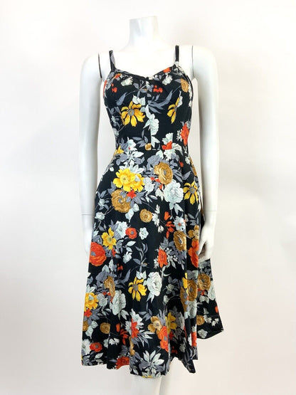 VTG 60s 70s BLACK GREY RED YELLOW FLORAL STRAPPY SUMMER SUN-DRESS 8 10