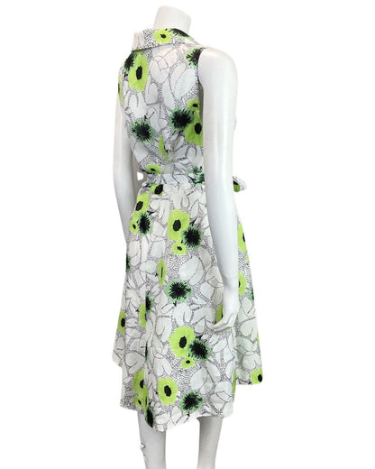 VINTAGE 60s 70s WHITE BLACK LIME GREEN DOTTY FLORAL SLEEVELESS SWING DRESS 10
