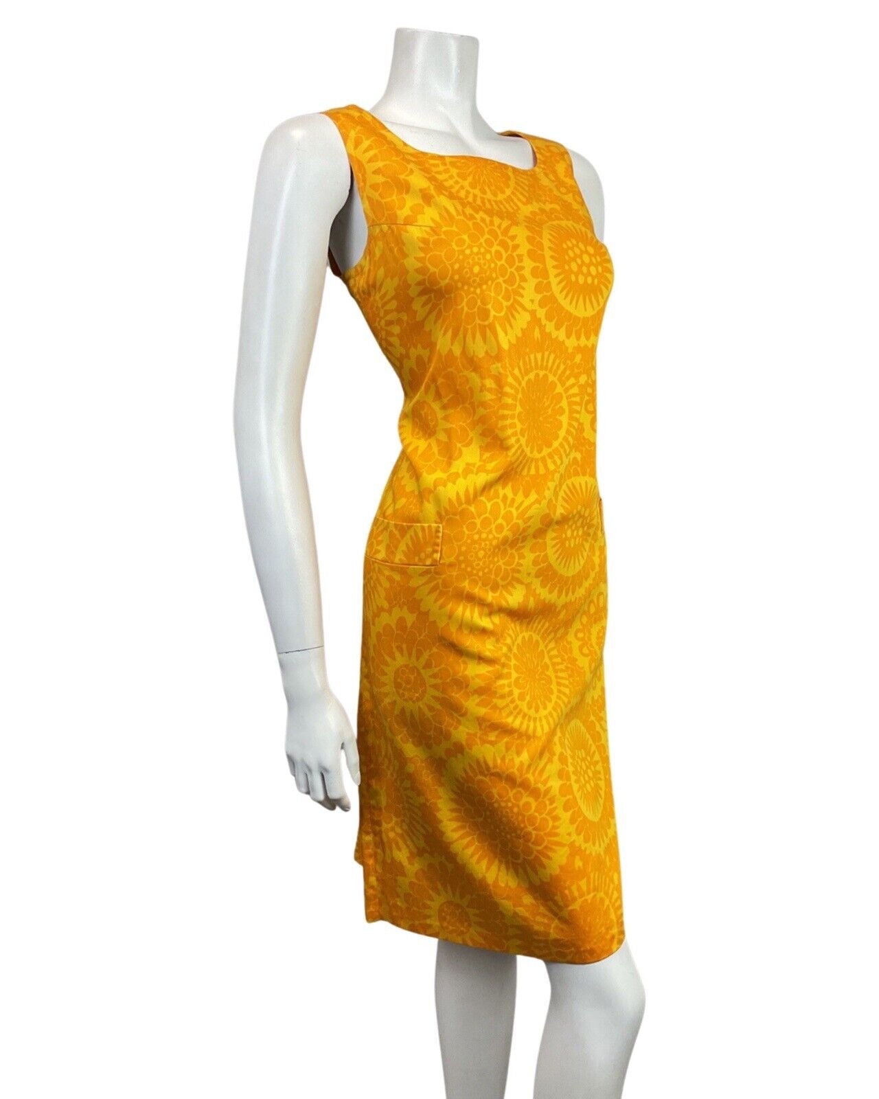 VINTAGE 60s 70s YELLOW ORANGE FLORAL SUNFLOWER SLEEVELESS SHIFT DRESS 10 12