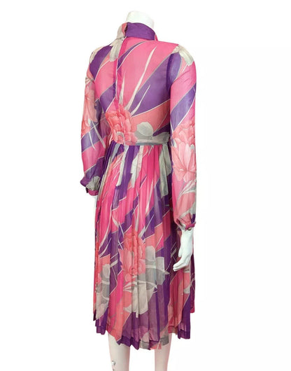 VINTAGE 60s 70s PINK PURPLE SILVER FLORAL LEAFY SHEER PLEATED SWING SILK DRESS 8
