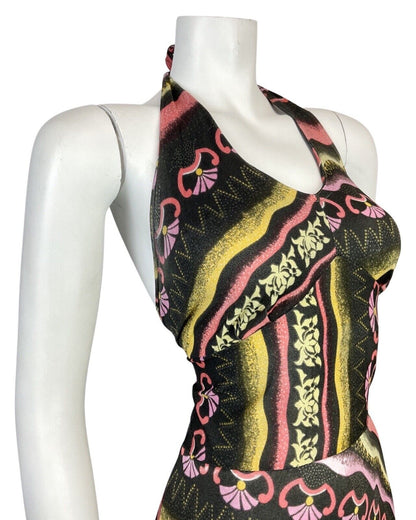 VINTAGE 60s 70s BLACK PINK YELLOW STRIPED FLORAL HALTER DRESS 8 10