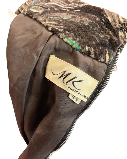 VTG 60s 70s BROWN CREAM BLUE PSYCHEDELIC SWIRL FLOWER VELVET WIGGLE DRESS 8 10