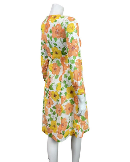 VINTAGE 60s 70s WHITE YELLOW ORANGE GREEN EMBROIDERED FLORAL LEAFY MOD DRESS 8