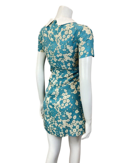 VINTAGE 60s 70s BLUE CREAM FLORAL ABSTRACT DITSY MOD SHORT SHIRT DRESS 10