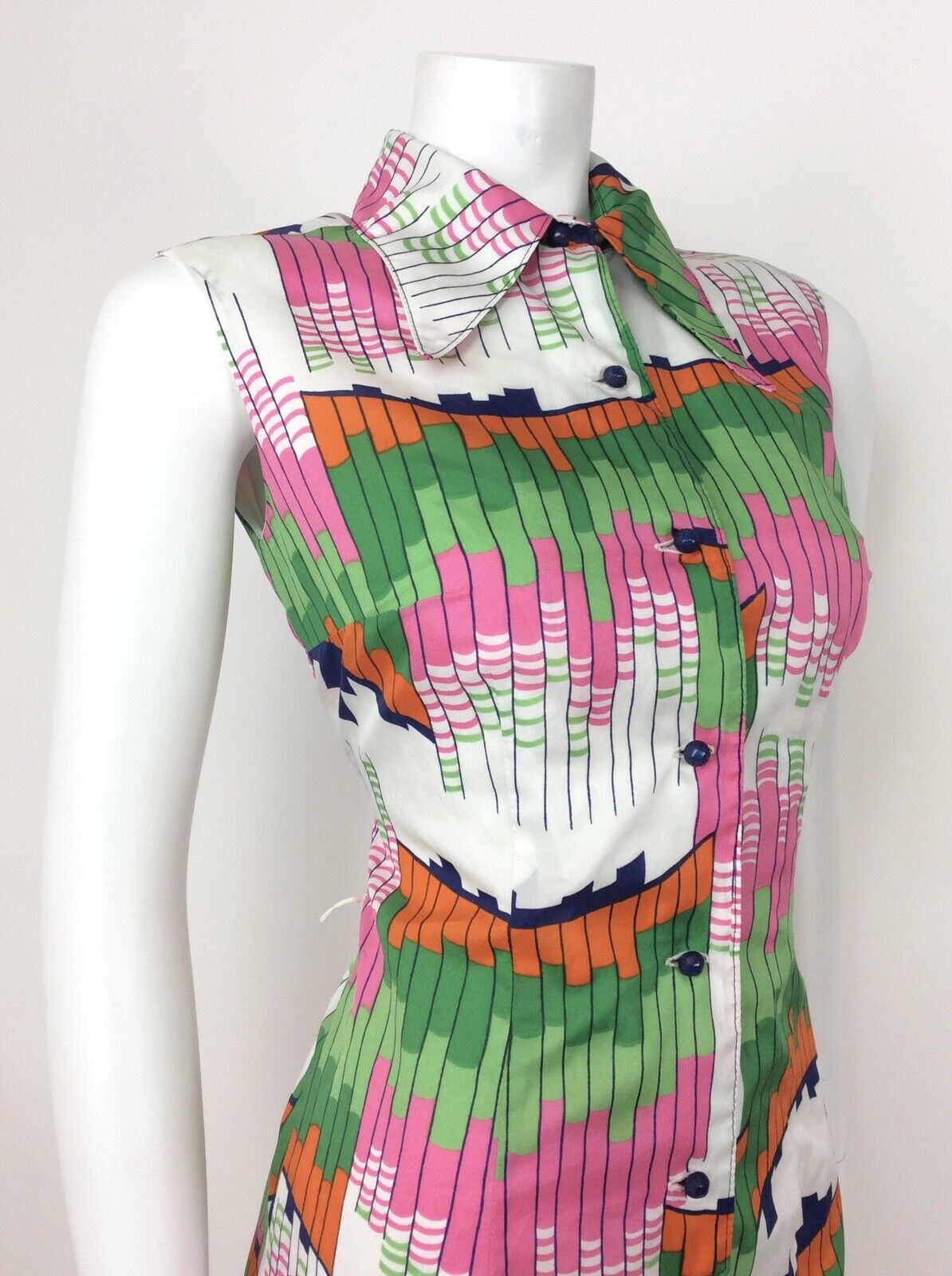 VTG 60s 70s GEOMETRIC ABSTRACT WHITE GREEN PINK ORANGE BLUE SHIRT DRESS 10 12