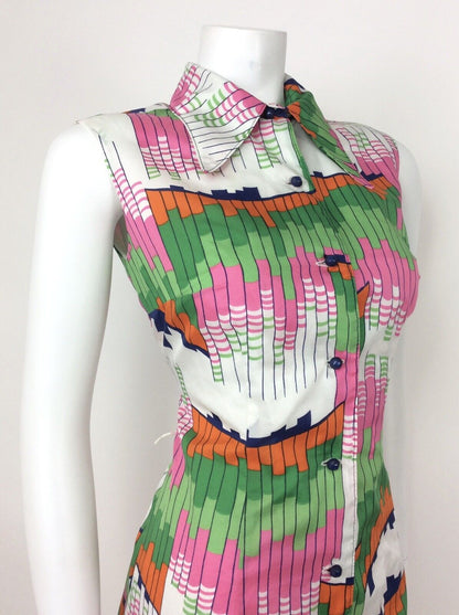 VTG 60s 70s GEOMETRIC ABSTRACT WHITE GREEN PINK ORANGE BLUE SHIRT DRESS 10 12