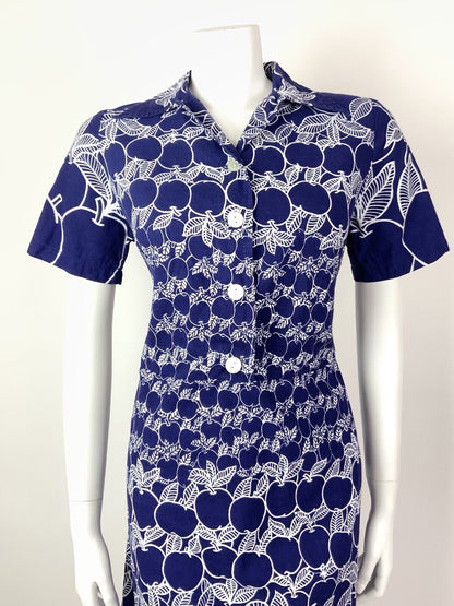 VINTAGE 60s 70s NAVY BLUE WHITE FRUITY APPLE DAGGER COLLAR SHIRT DRESS 10 12