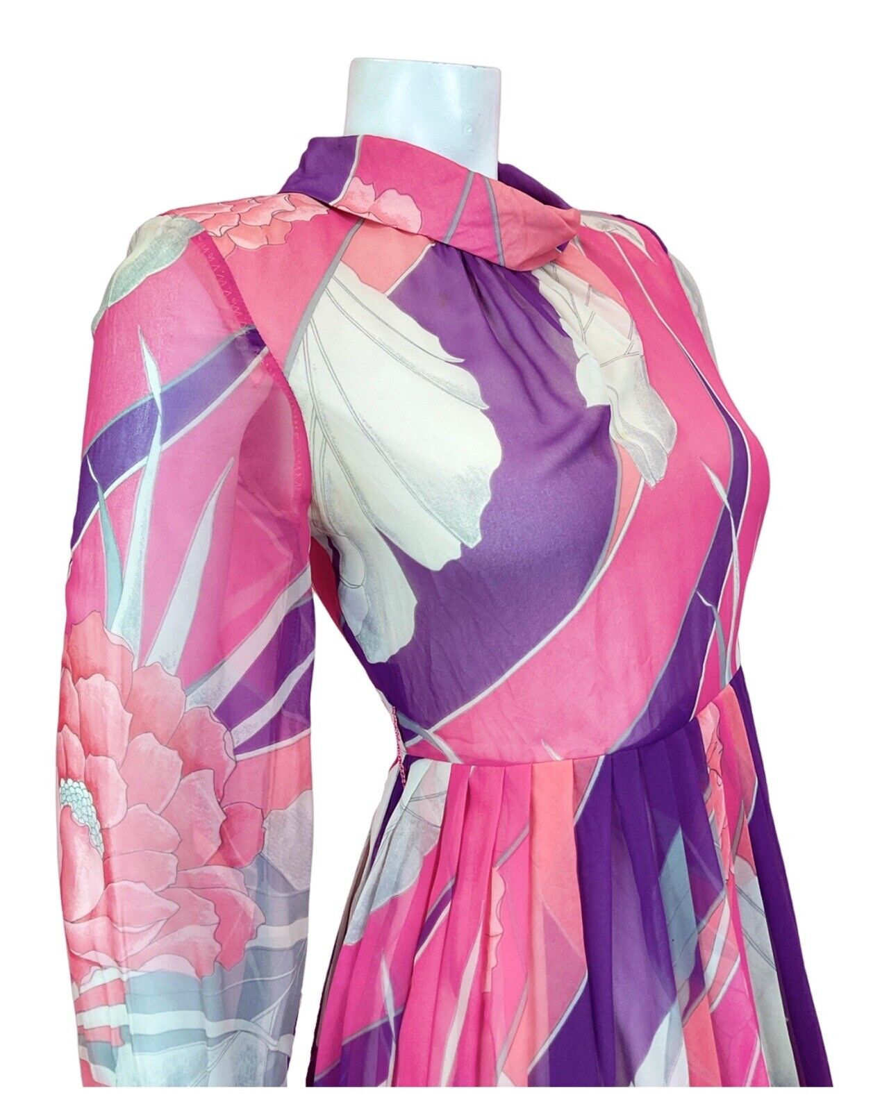 VINTAGE 60s 70s PINK PURPLE SILVER FLORAL LEAFY SHEER PLEATED SWING SILK DRESS 8