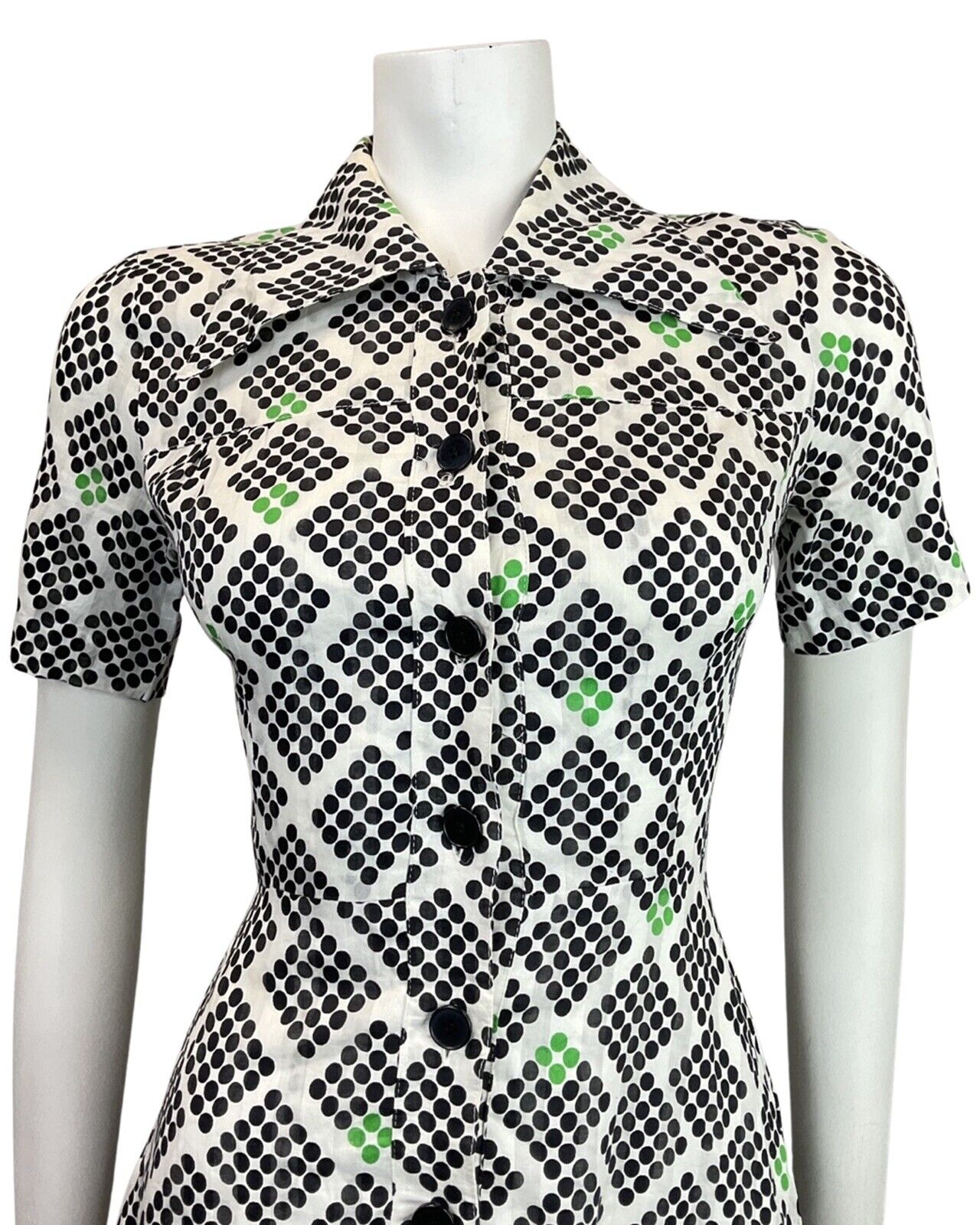 VINTAGE 60s 70s WHITE BLACK GREEN GEOMETRIC DOTTY WING COLLAR MOD SHIRT DRESS 8