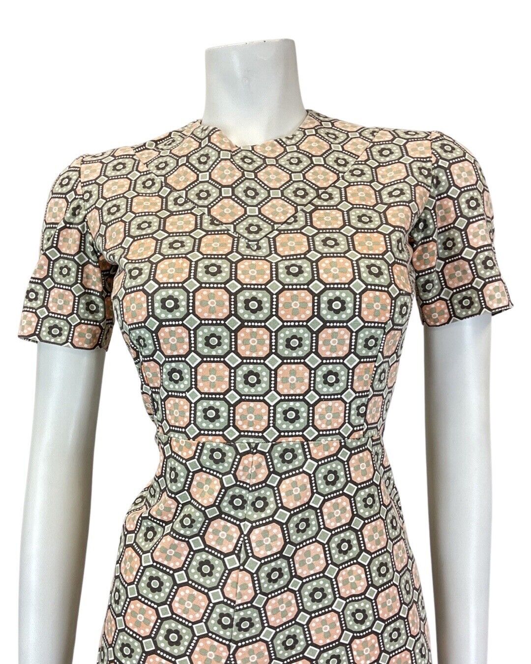VINTAGE 60s 70s GREY PINK BLACK TILED GEOMETRIC DAISY FLOWER MOD SHORT DRESS 6 8
