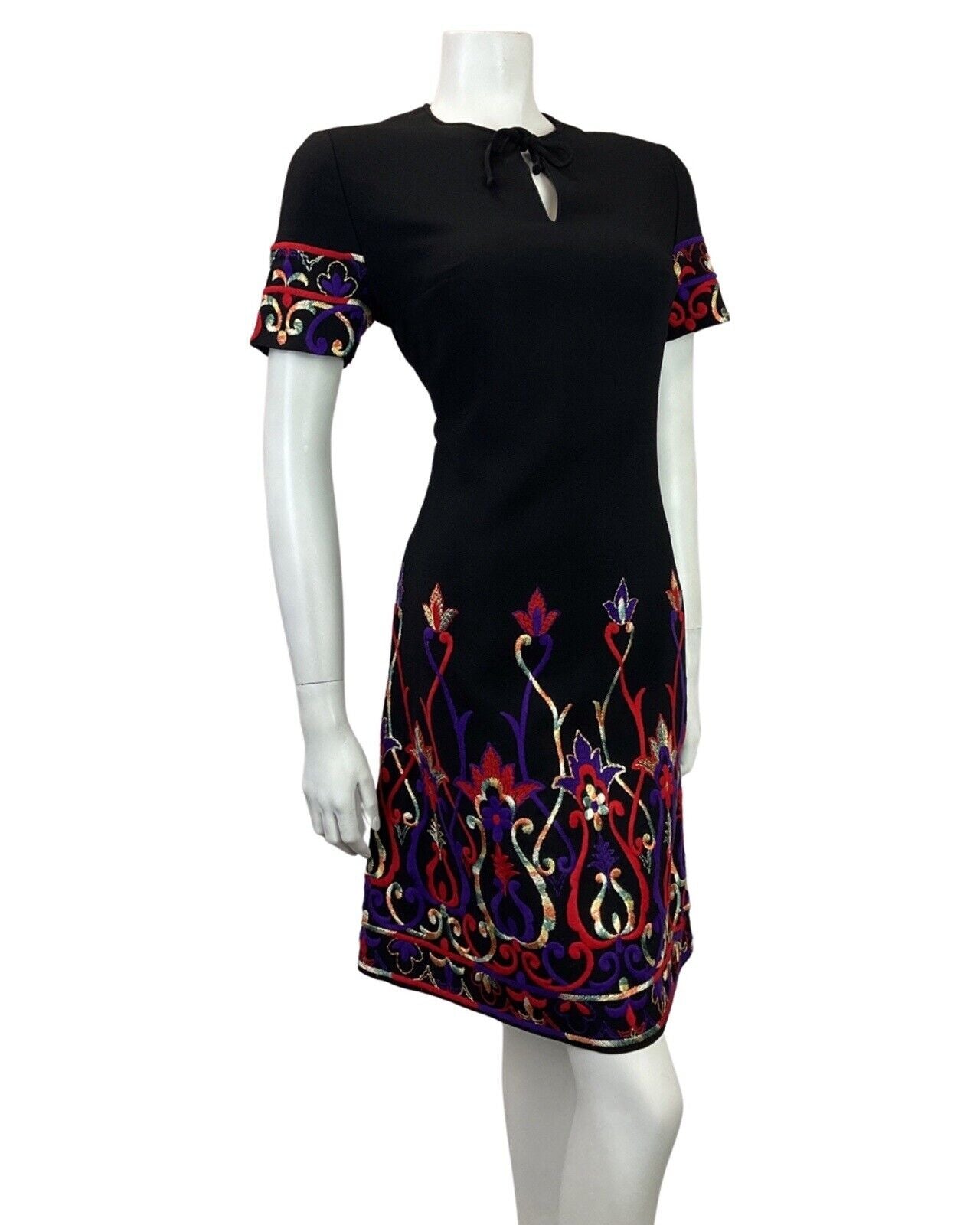 VINTAGE 60s 70s BLACK RED PURPLE GOLD EMBROIDERED FLORAL SWIRL MOD DRESS 12 14