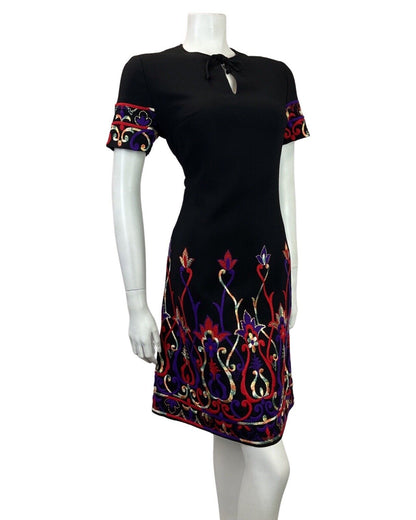 VINTAGE 60s 70s BLACK RED PURPLE GOLD EMBROIDERED FLORAL SWIRL MOD DRESS 12 14