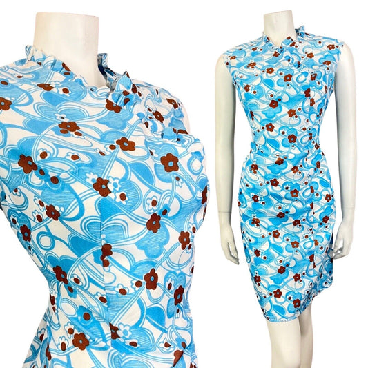 VINTAGE 60s 70s BLUE WHITE BROWN PSYCHEDELIC DAISY FLOWER MOD WIGGLE DRESS 14 16