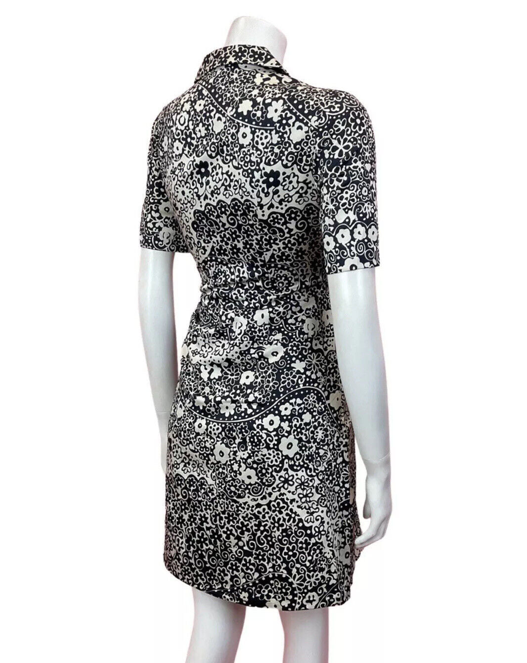 VINTAGE 60s 70s BLACK WHITE SILVER PSYCHEDELIC FLORAL MOD SHIRT DRESS 10 12