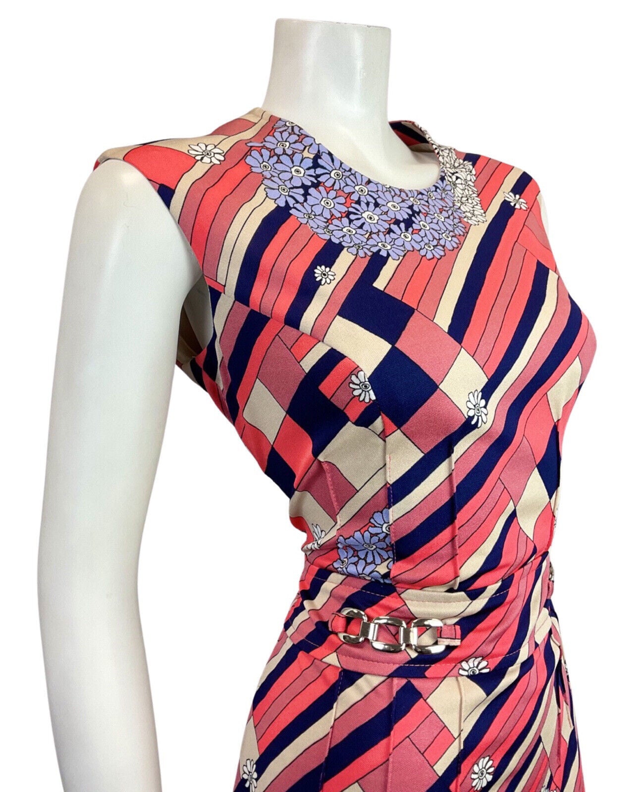 VINTAGE 60s 70s PINK BLUE CREAM GEOMETRIC FLORAL DAISY SLEEVELESS DRESS 12 14