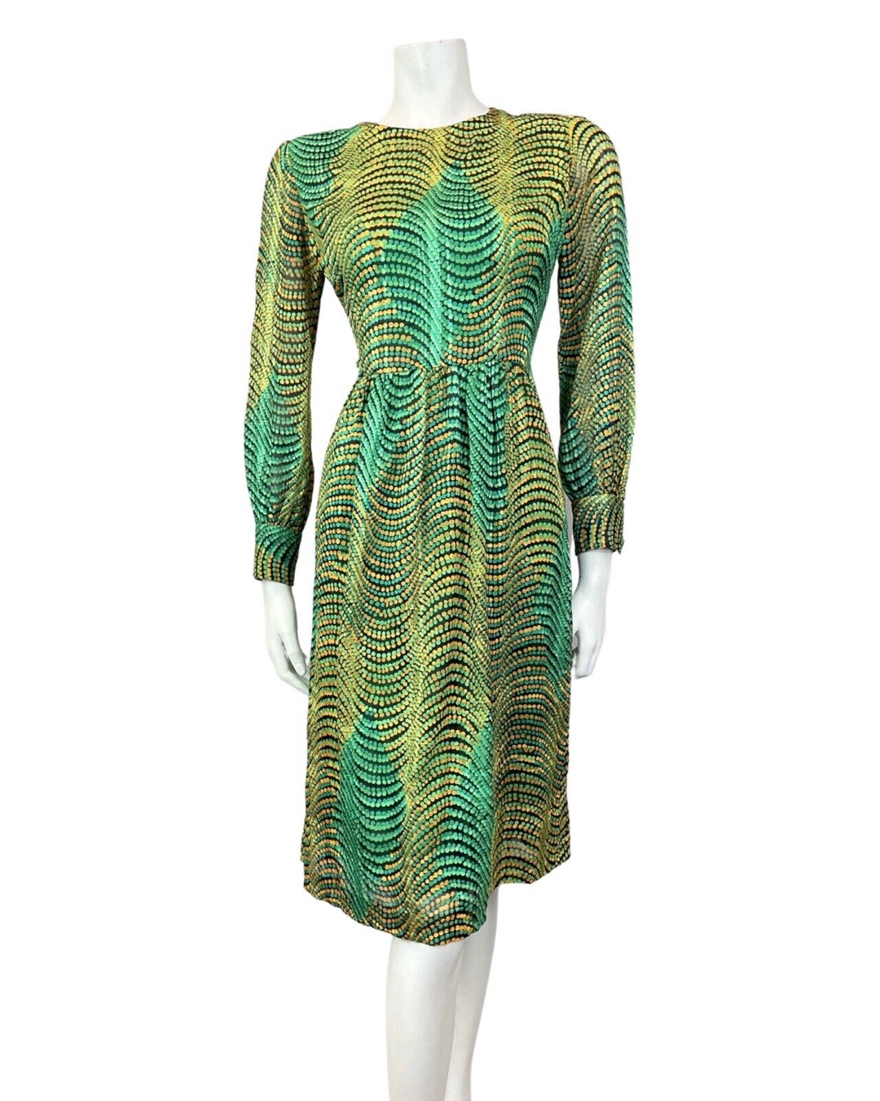 VINTAGE 60s 70s GREEN GOLD BLACK PSYCHEDELIC WAVY DOTTY SWING DRESS 10