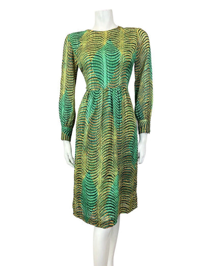 VINTAGE 60s 70s GREEN GOLD BLACK PSYCHEDELIC WAVY DOTTY SWING DRESS 10