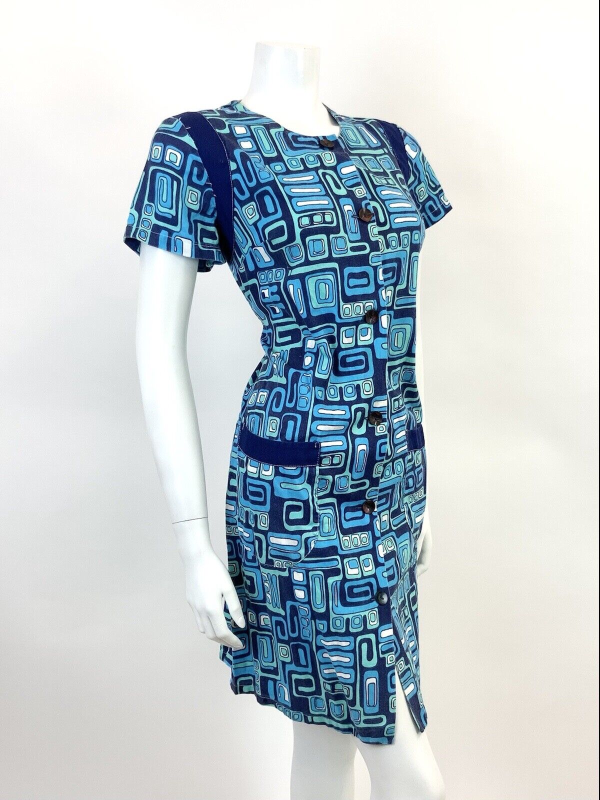 VINTAGE 60s 70s BLUE NAVY MINT GEOMETRIC PSYCHEDELIC MOD SHIFT DRESS 12 14