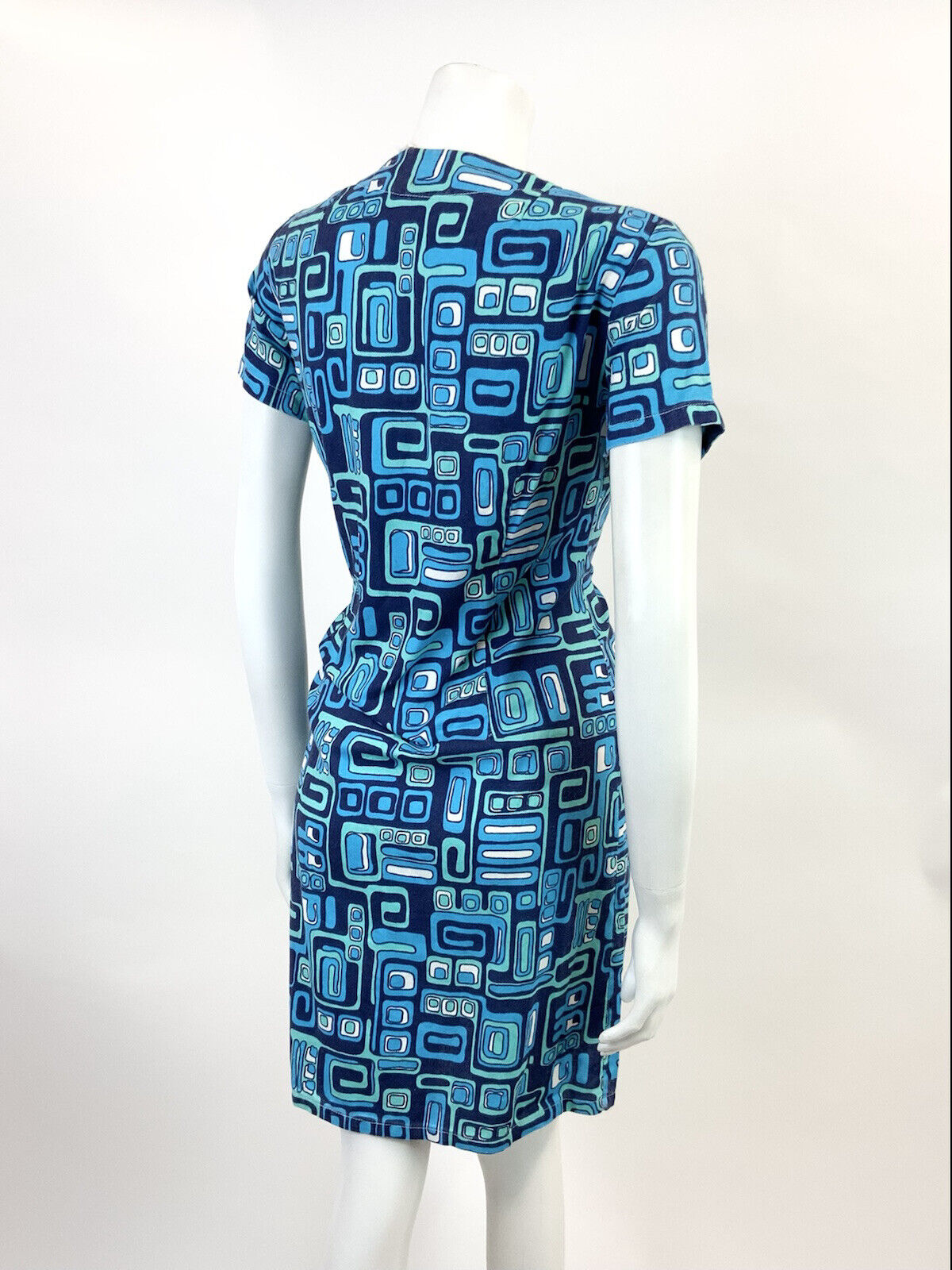 VINTAGE 60s 70s BLUE NAVY MINT GEOMETRIC PSYCHEDELIC MOD SHIFT DRESS 12 14