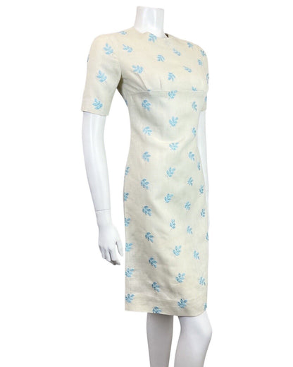 VINTAGE 60s 70s CREAM BABY BLUE EMBROIDERED LEAF EMPIRE LINE MOD SHORT DRESS 8