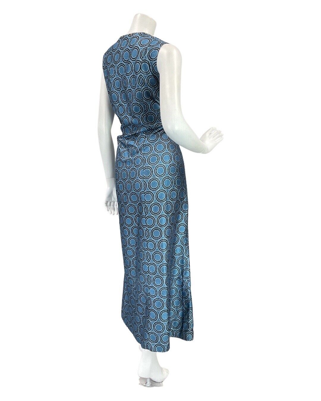 VINTAGE 60s 70s BLUE BLACK SILVER GEOMETRIC LUREX GLITTER MAXI GOWN DRESS 14 16