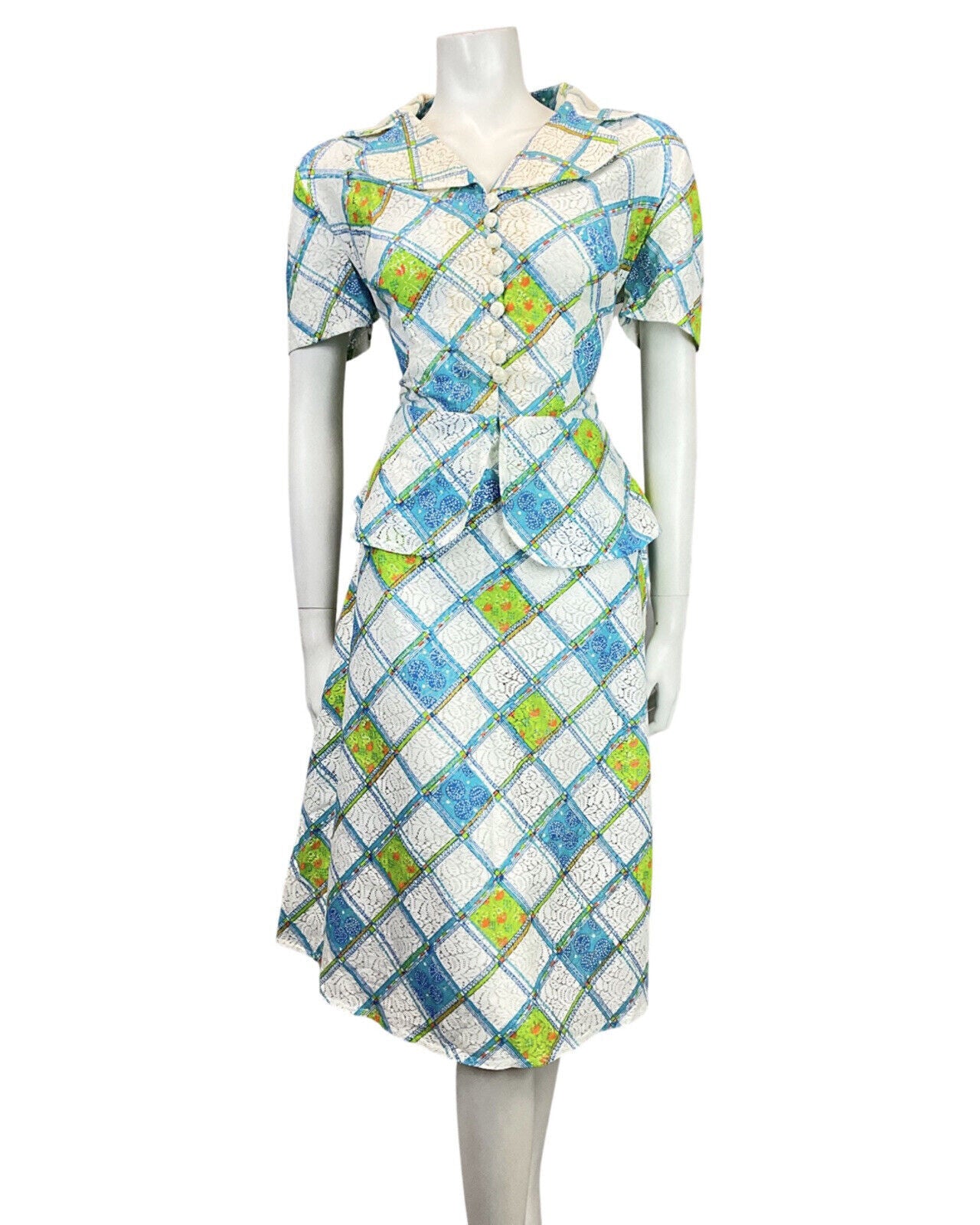 VINTAGE 60s 70s WHITE BLUE GREEN CHECKED FLORAL PELUM LACE DRESS 16