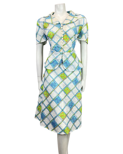 VINTAGE 60s 70s WHITE BLUE GREEN CHECKED FLORAL PELUM LACE DRESS 16