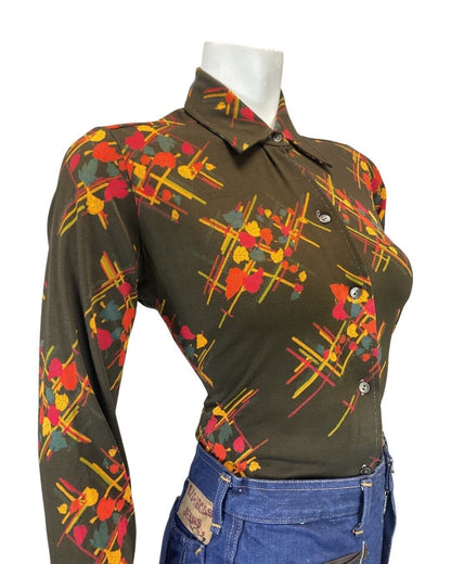 VINTAGE 60s 70s BROWN ORANGE FLORAL LEAFY STRIPED MOD DAGGER SHIRT 12 14