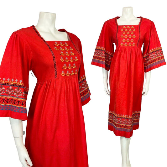 VTG 60S 70S RED BLACK YELLOW HIPPY BOHO CROSS STITCH EMBROIDERED SMOCK DRESS 10