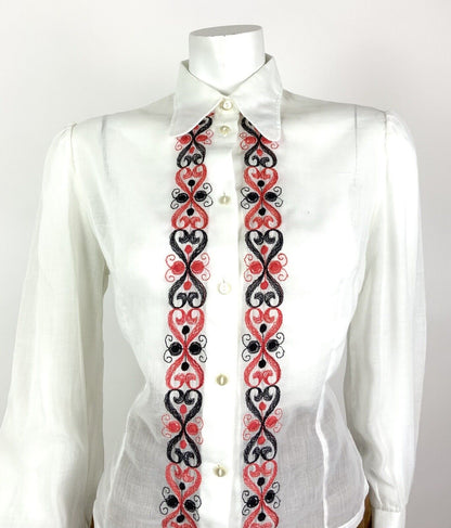 VINTAGE 60s 70s WHITE RED BLACK EMBROIDERED SWIRL MOD SHEER DAGGER BLOUSE 14 16