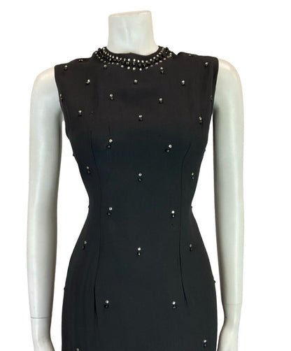 VTG 60S MOD BLACK DIAMANTE SLEEVELESS BEADED BLACK PARTY EVENING DRESS 12