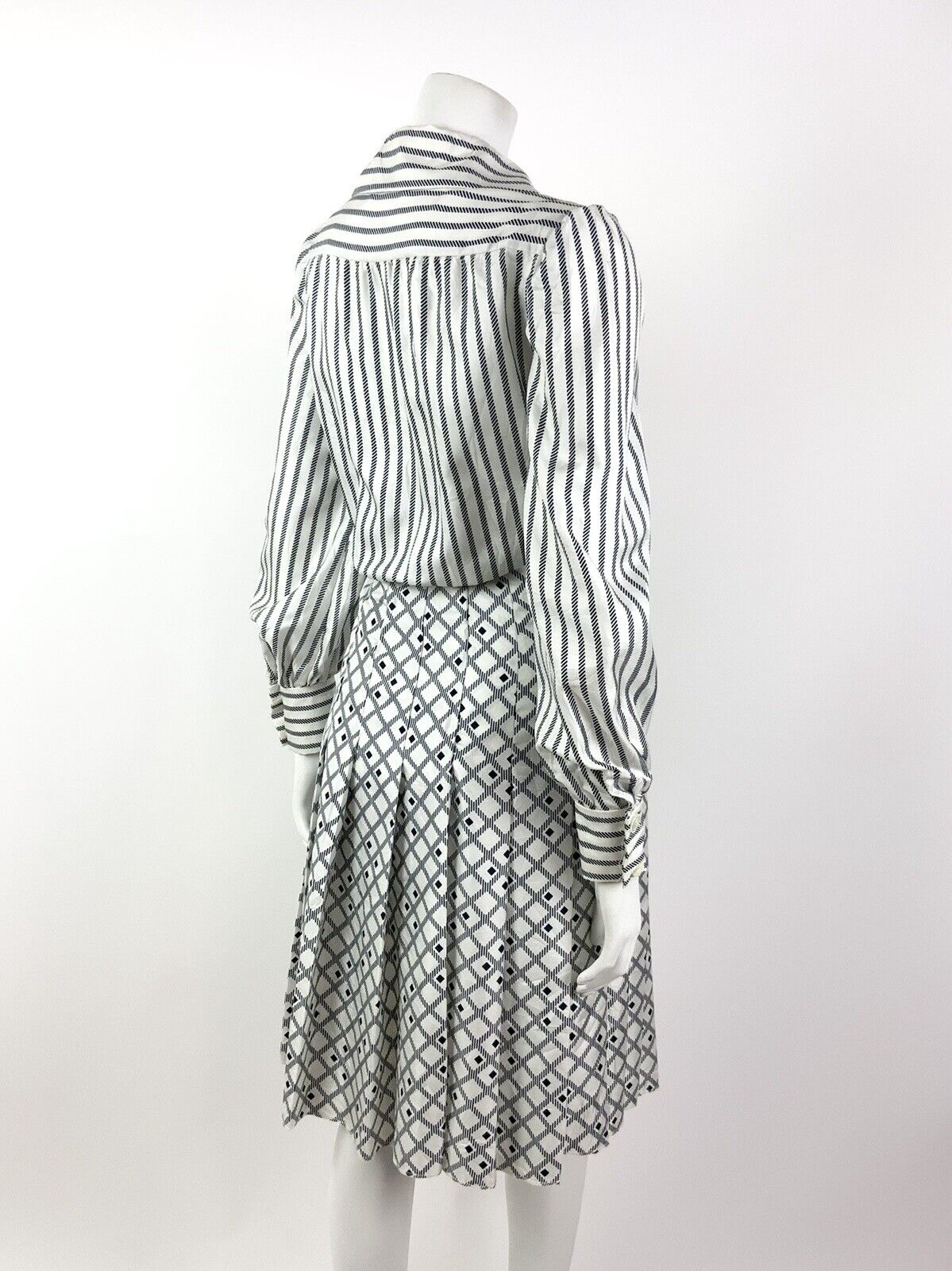 VINTAGE 60s 70s WHITE BLUE NAUTICAL STRIPED CHECKED DAGGER COLLAR SHIRT DRESS 10