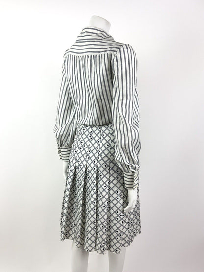 VINTAGE 60s 70s WHITE BLUE NAUTICAL STRIPED CHECKED DAGGER COLLAR SHIRT DRESS 10