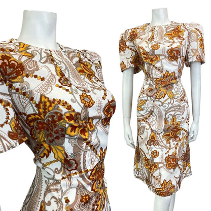VINTAGE 60s 70s BROWN WHITE YELLOW PSYCHEDELIC PAISLEY FLOWER A-LINE DRESS 14 16
