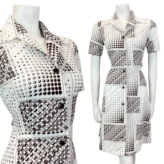 VINTAGE 60s 70s WHITE BROWN DOTTY CIRCLE GEOMETRIC MOD DAGGER SHIRT DRESS 10 12