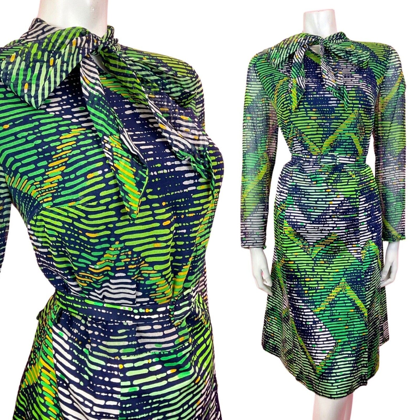 VINTAGE 60s 70s BLUE GREEN WHITE STRIPED PSYCHEDELIC SHEER PUSSYBOW DRESS 14 16