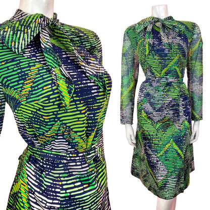 VINTAGE 60s 70s BLUE GREEN WHITE STRIPED PSYCHEDELIC SHEER PUSSYBOW DRESS 14 16