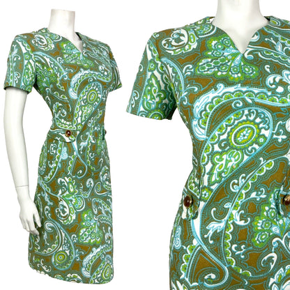VINTAGE 60s 70s BLUE GREEN BROWN WHITE FLORAL PSYCHEDELIC PAISLEY DRESS 12 14